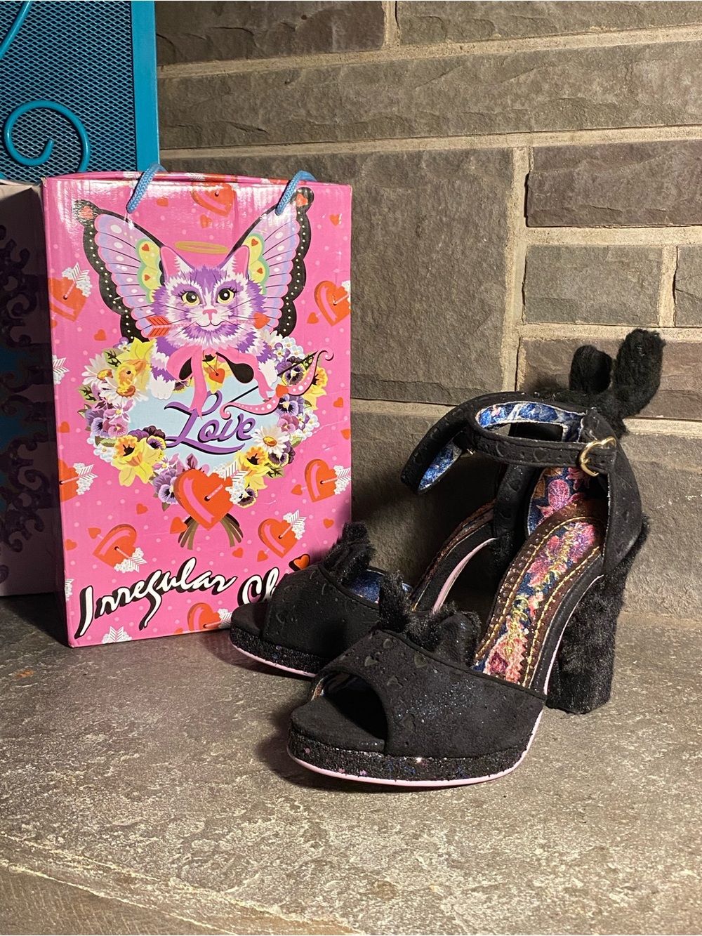 Irregular Choice Kitty Paws platform peep toe pumps,black sparkle,cat ears/tail